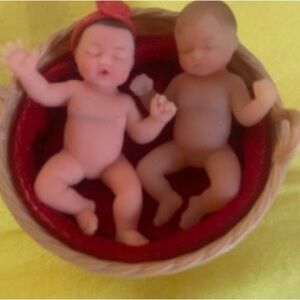 Pair of Mini Baby Dolls in Red-Lined Basket